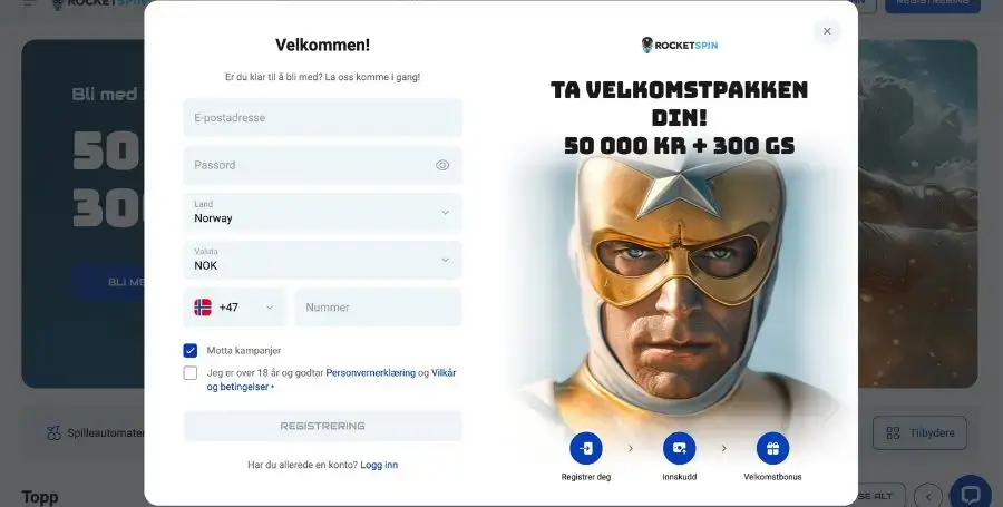 Registrering hos Rocket Spin