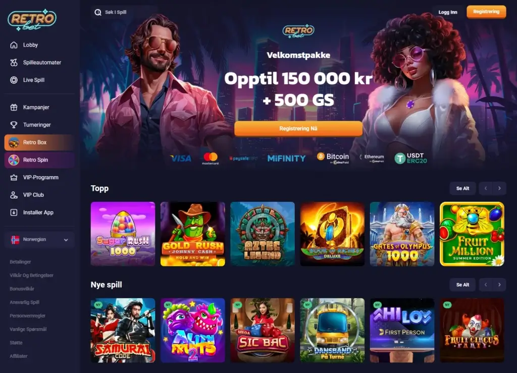 Retrobet casino forside. Hvordan kreve lojalitetsbonuser