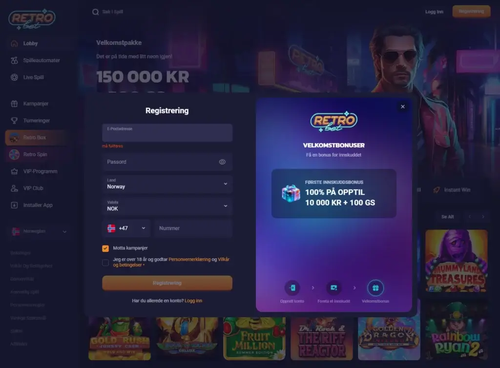 registrer konto hos Retrobet casino. Hvordan kreve lojalitetsbonuser