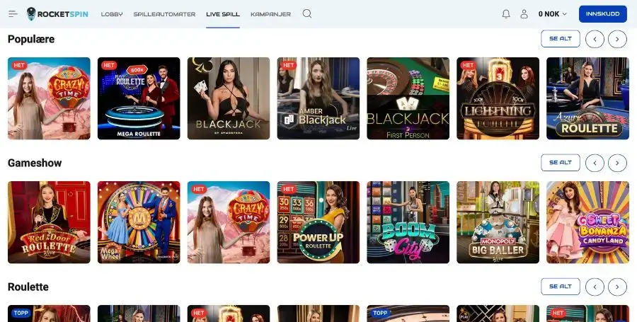 Rocket Spin live casino utvalg