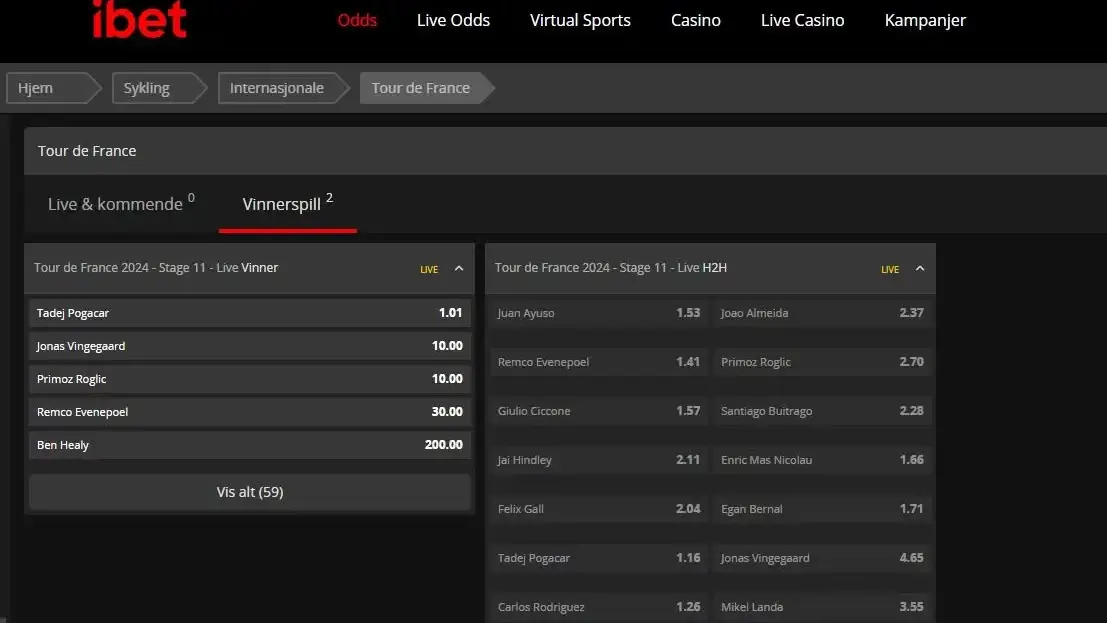 Live betting på Tour de France 2024 hos iBet