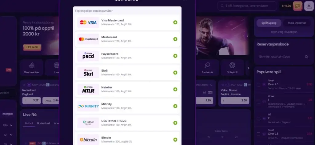 Sett inn på bettingsiden via de mange tilgjengelige betalingsmetodene