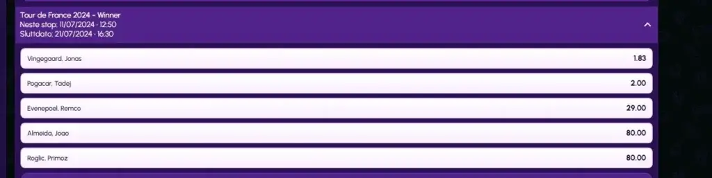 Tour de France-vinner odds på NovaJackpot