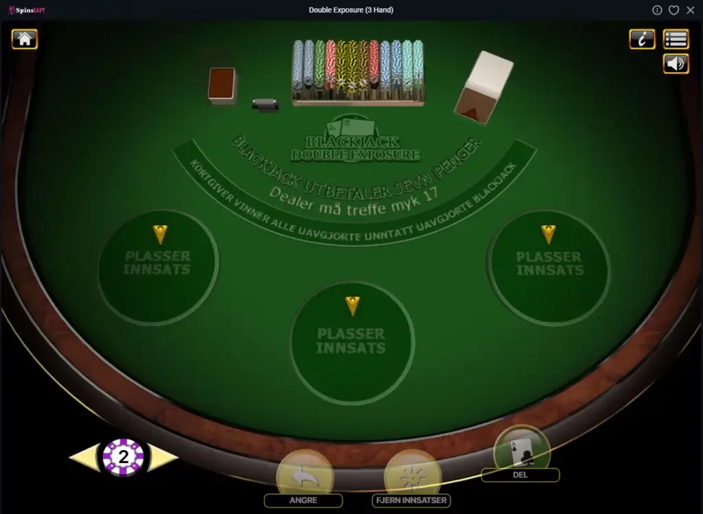 Europeisk Blackjack vs. Double Exposure Blackjack. Double Exposure (Blackjack) av spillutvikleren Habonero finner du blant annet hos SpinsUp casino.