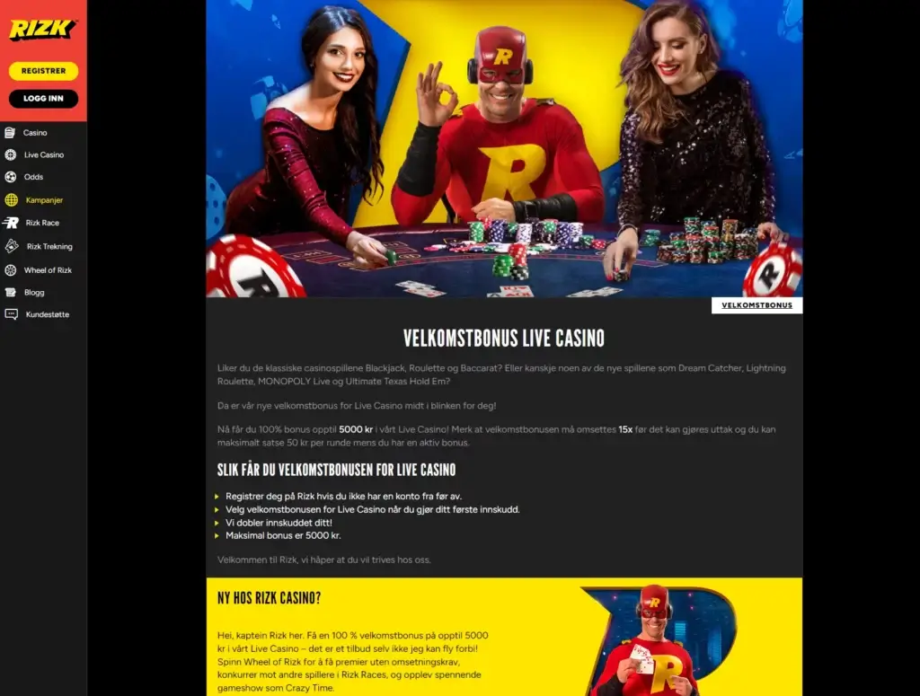Rizk Casino med egen velkomstbonus på Live Casino. Spill roulette og prøv ut d'Alembert-systemet.