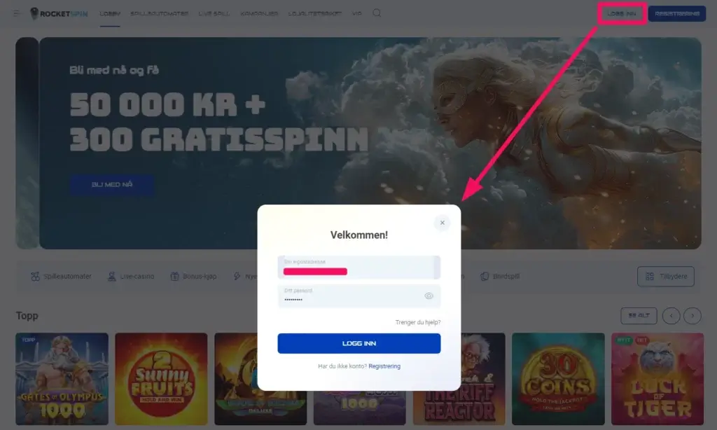 Rocketspin registrer konto