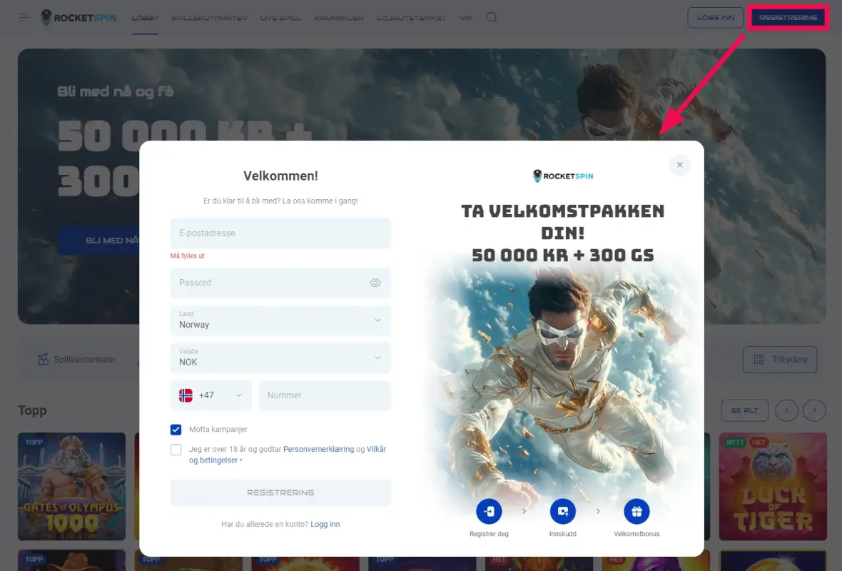 Rocketspin registrer spillekonto
