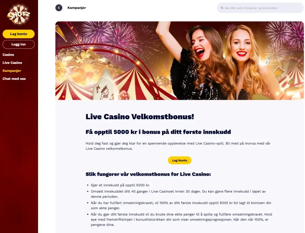 Shotz velkomstbonus på Live Casino |100% opptil 5000 kr.