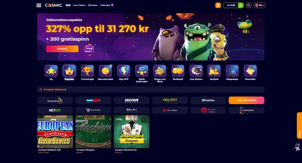 Spill Europeisk Blackjack hos Cosmicslot