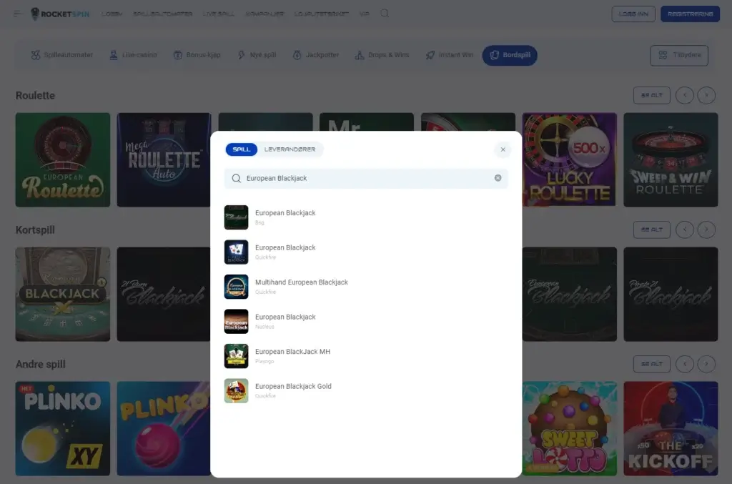 Spill Europeisk Blackjack hos Rocketspin