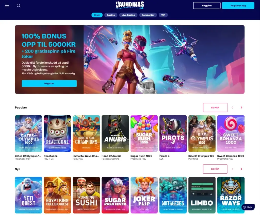 Vauhdikas forside. Vauhdikas | 100% opptil 5000 kr + 200 gratisspinn