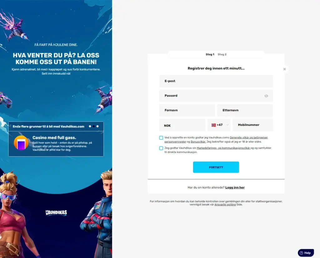 Registrer ny spillekonto hos Vauhdikas 