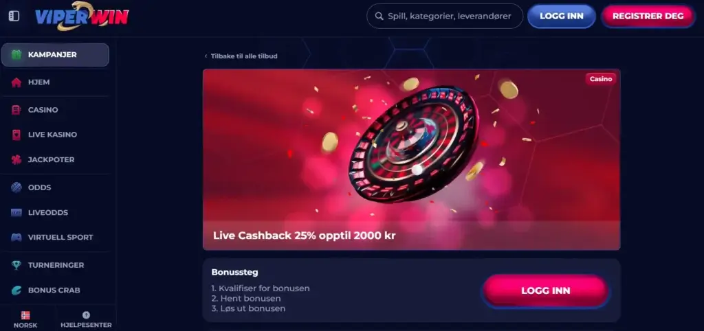 ViperWin casino live cashback tilbud. Spill roulette og prøv ut ulike bettingsystemer.