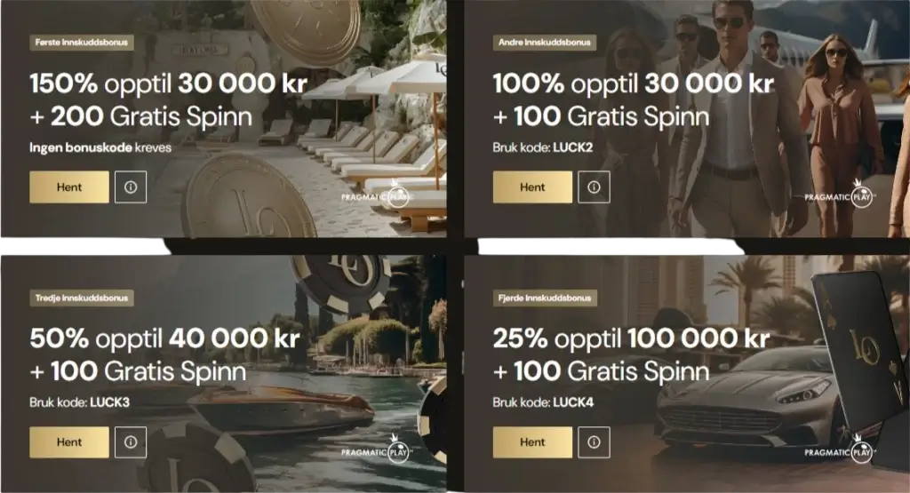 Aktiver velkomstbonusen. Ditt første innskudd hos Lucky Ones casino aktiverer første innskuddsbonus på 150% opptil 30.000 kr.
