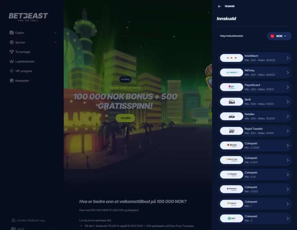 Slik aktiverer du velkomstbonusen hos BetBeast. Gjør ditt første innskudd