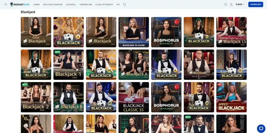 Blackjack på nett hos Rocket Spin
