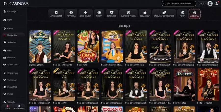 Casinova live casino utvalg