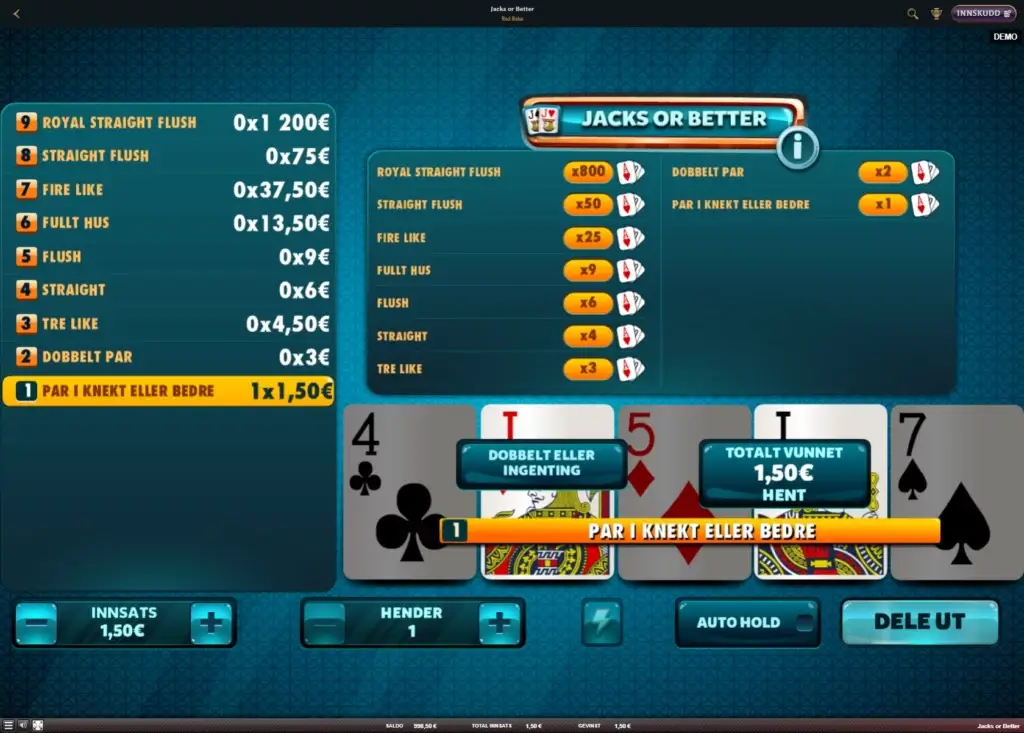 Draw Poker-variasjonen Jack or Better