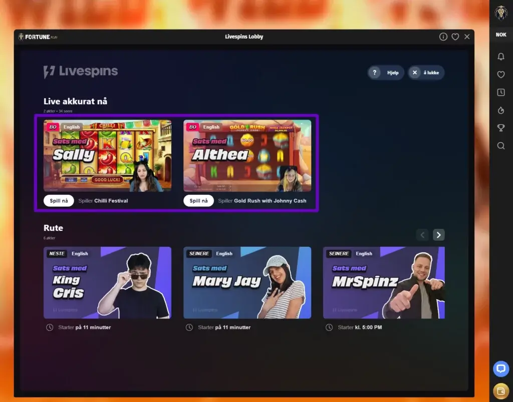 Velg en streamer fra Livespins-lobbyen for å starte spillet