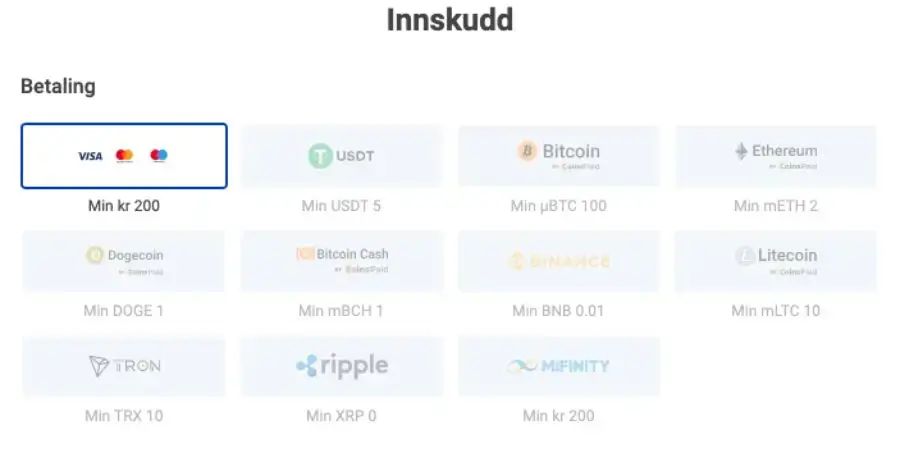 Innskuddsiden hos Rocket Spin