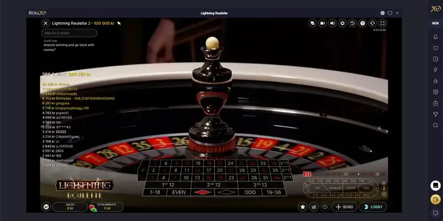 Lightning Roulette i RollXO live casino