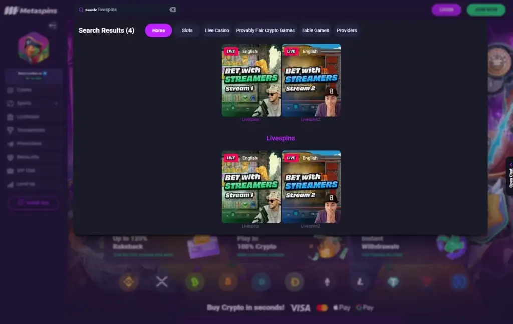 Livespins på Metaspins gir deg tilgang til populære slots