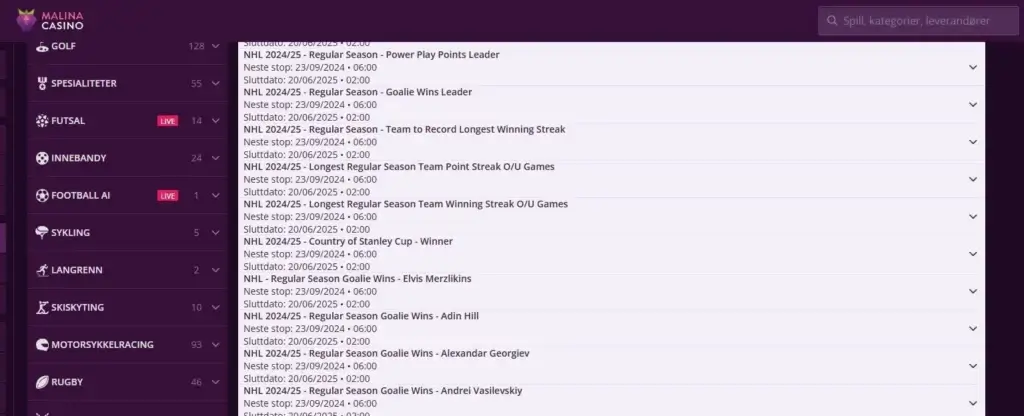 Mange ulike NHL odds hos Malina Casino