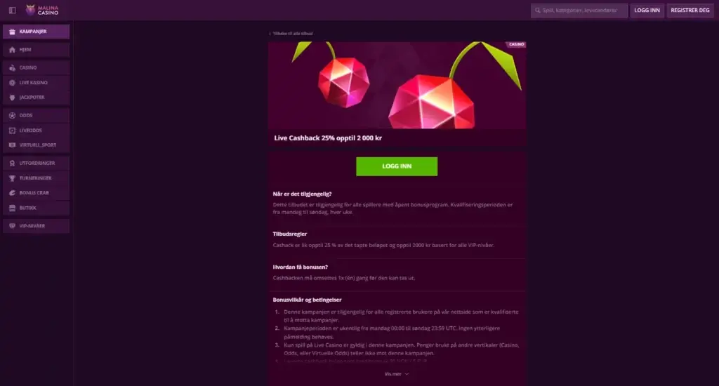 Malina Casino med 80 blackjackspill og Live Casino Cashback