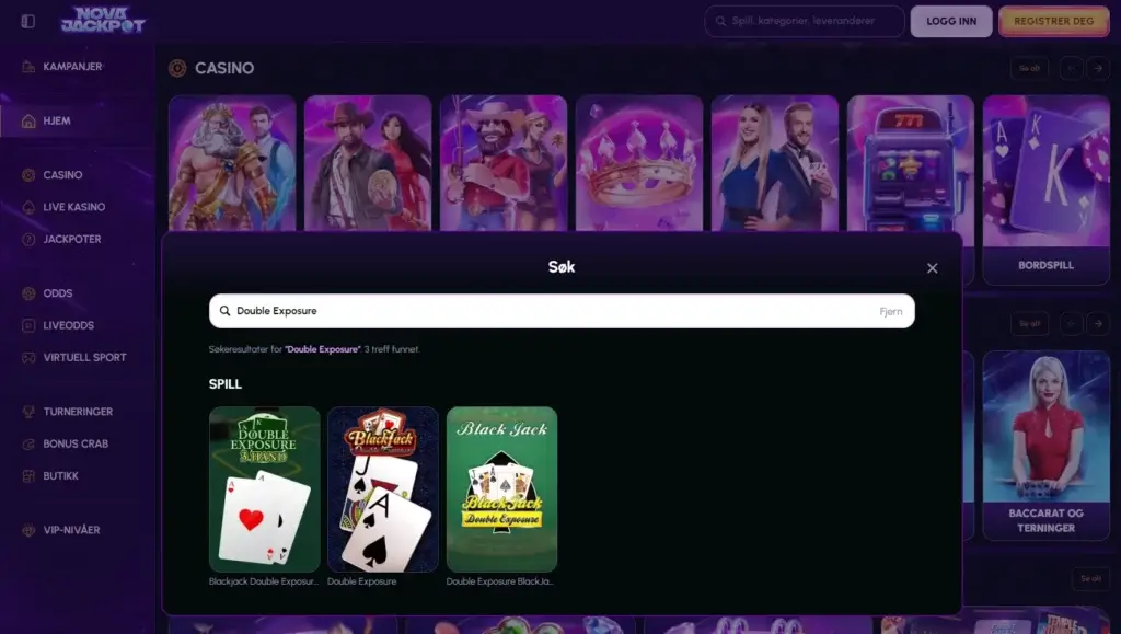 Hos NovaJackpot skriver du 'Double Exposure' i søkefeltet for å få frem de tre versjonene