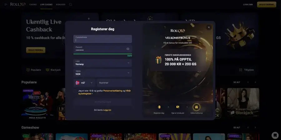 Påmelding hos RollXO live casino