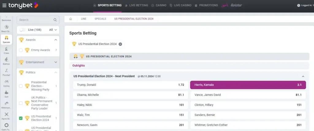 Odds på det amerikanske presidentvalget i 2024 