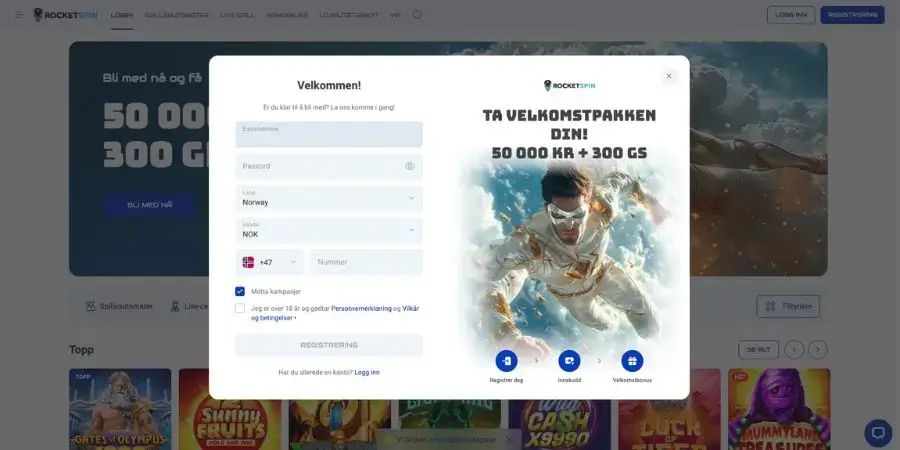 Registrering hos Rocket Spin