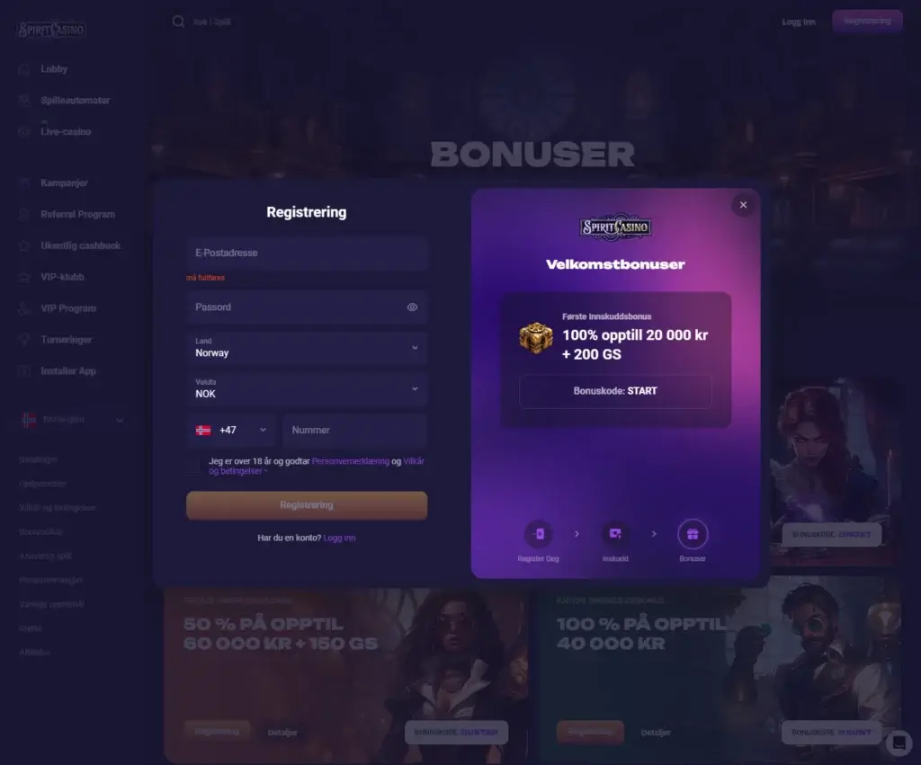 Registrer en konto hos Sprit casino