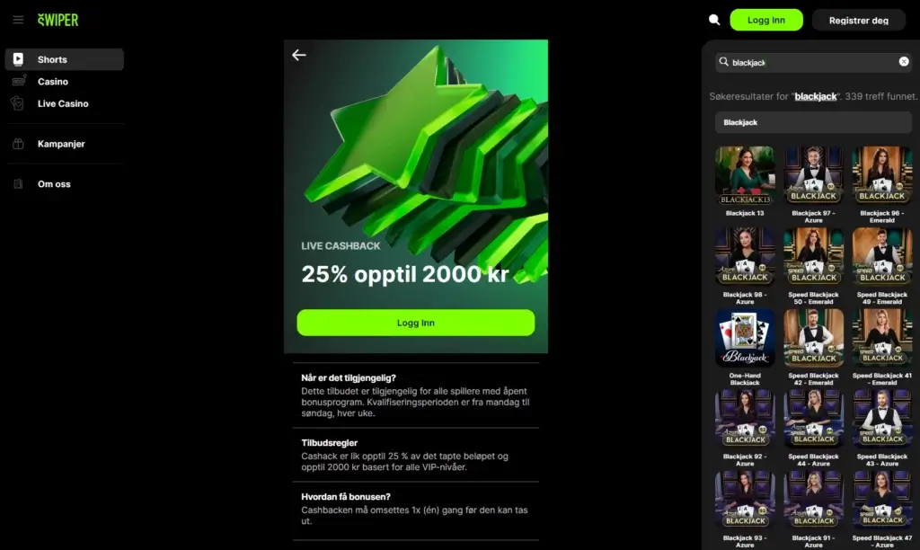 Swiper casino med 300+ blackjackspill og egen Live cashback
