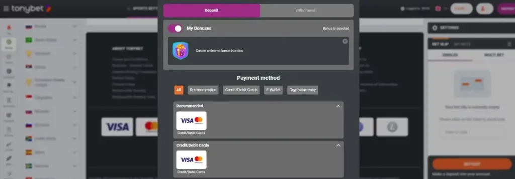 Gjør et innskudd på våre anbefalte bettingsider via sikre betalingsmetoder.