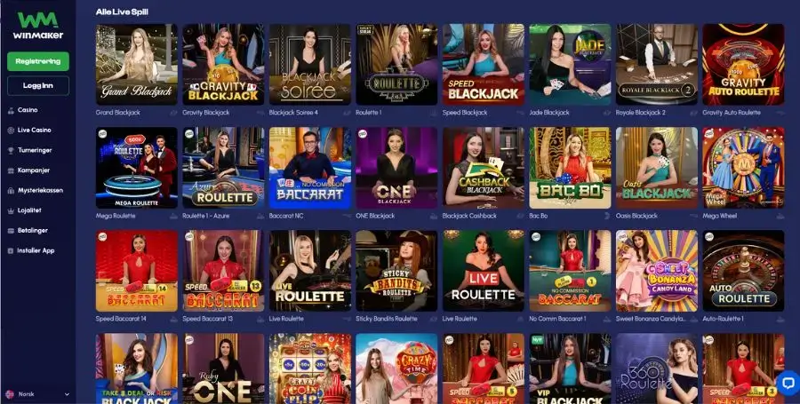 Live casino utvalg