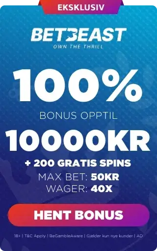 BetBeast bonuspanel som viser velkomsttilbudet