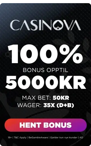 Casinova bonuspanel som viser velkomsttilbudet