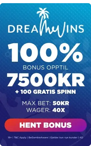 Dream Wins bonuspanel som viser velkomsttilbudet