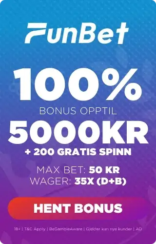 Funbet casino bonuspanel som viser velkomsttilbudet