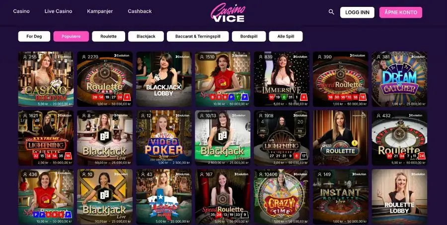 Casino Vice live casino utvalg
