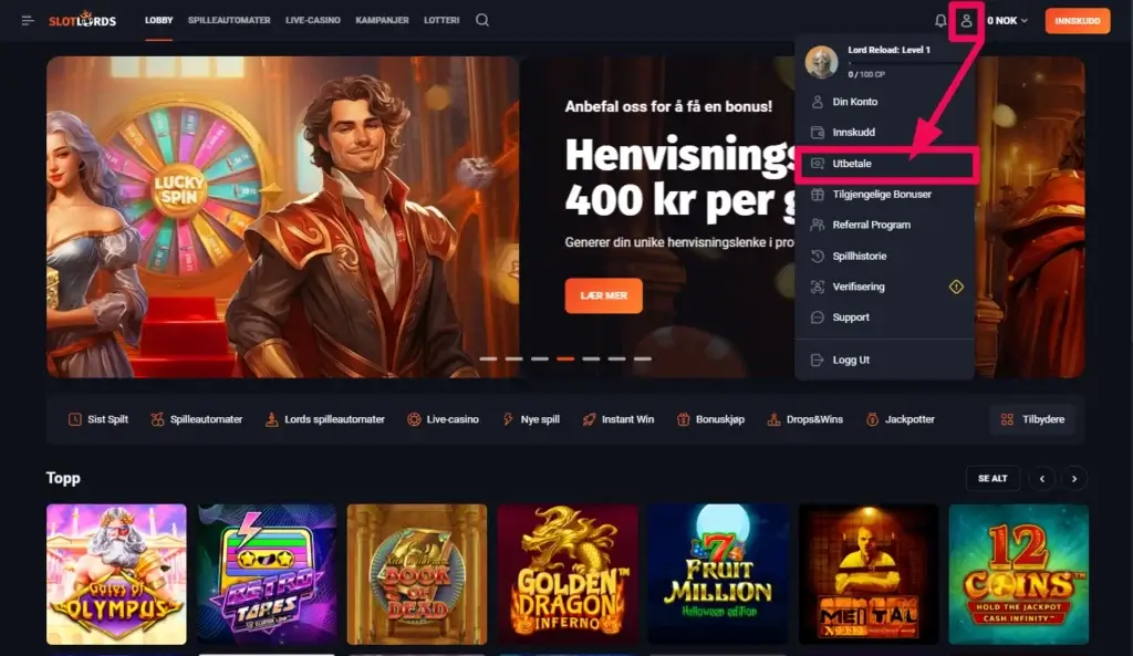 Slik tar du ut gevinster fra Craps-spill. Gå til uttaksiden