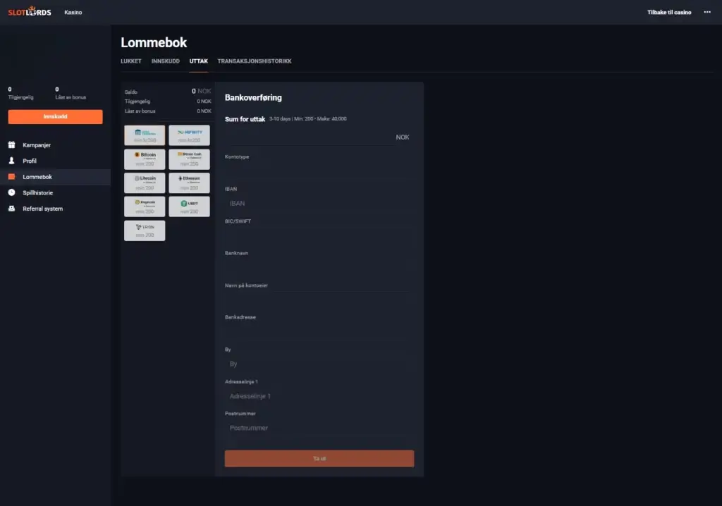 Velg en uttaksmetode som bankoverføring, kort, eller e-lommebok