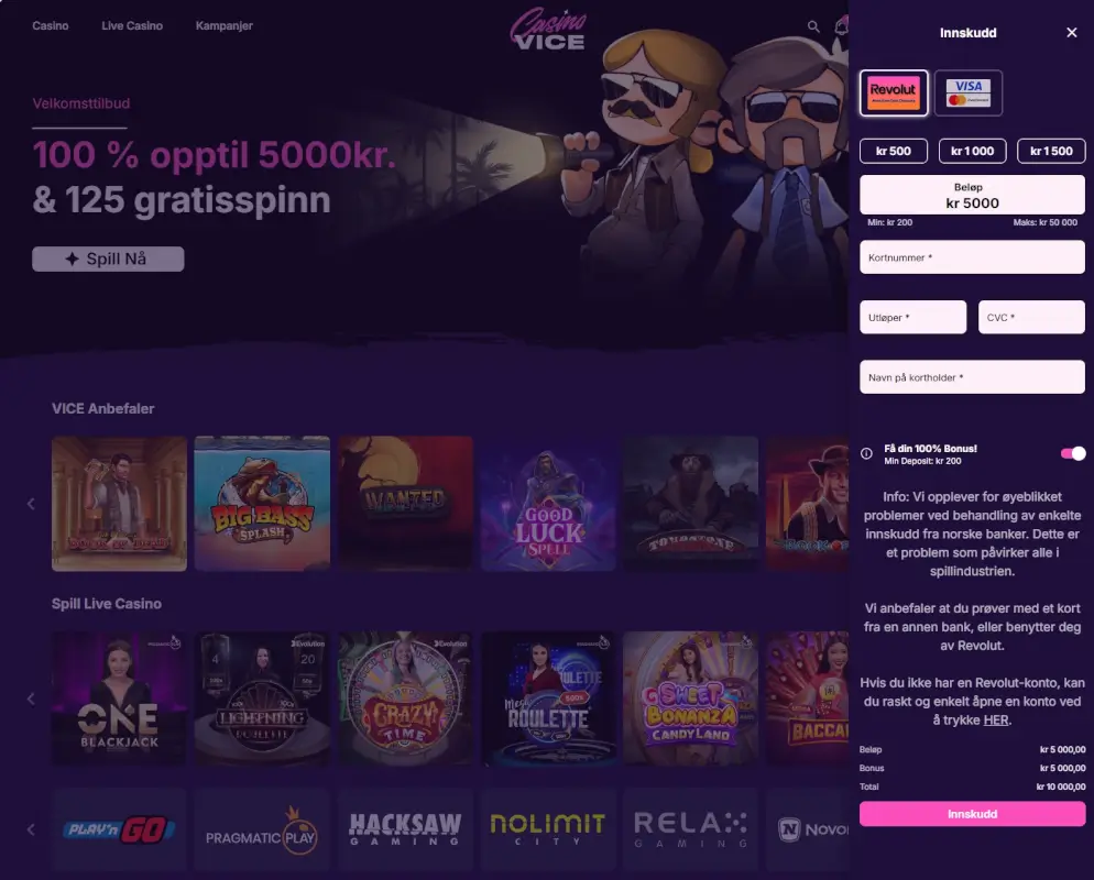 Innskudd hos Casino Vice