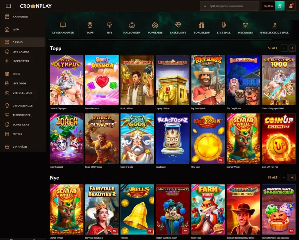Spillutvalg hos Crownplay, med en organisert spillmeny bestående av kategorier som spilleautomater, live casino, jackpotspill, og eksklusive titler som Bonus Crab.