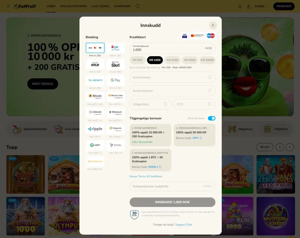 Gjør et innskudd hos VIP caisnoet FatFruit, og få en eksklusiv storspillerbonus på 150% opptil 50.000 kr på ditt aller første innskudd.