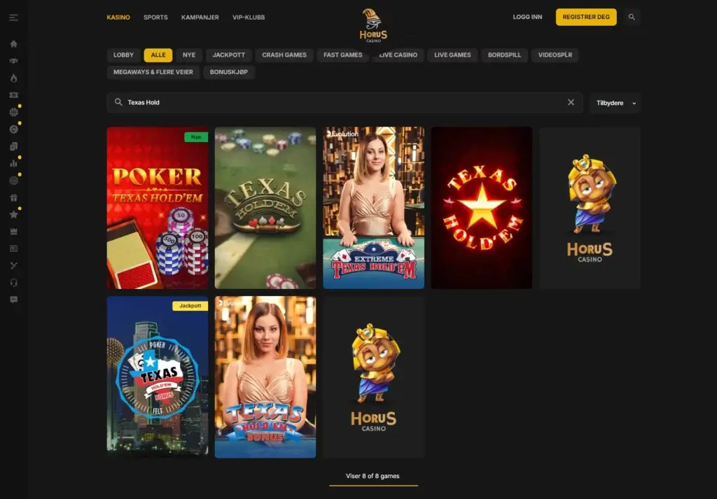 Spill Texas Hold'Em hos Horus Casino