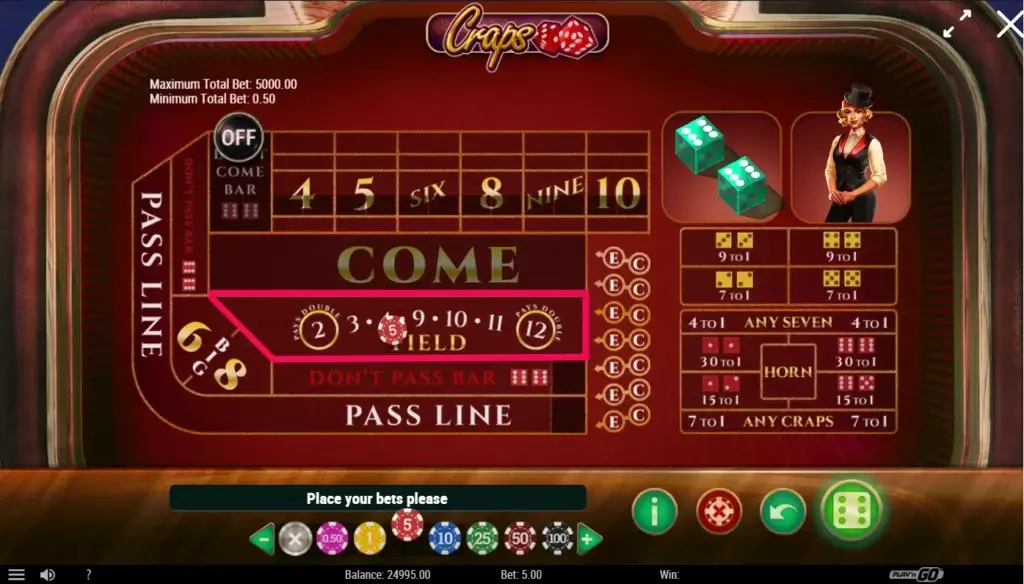 Ekstra innsatsmuligheter i Craps - Field Bet