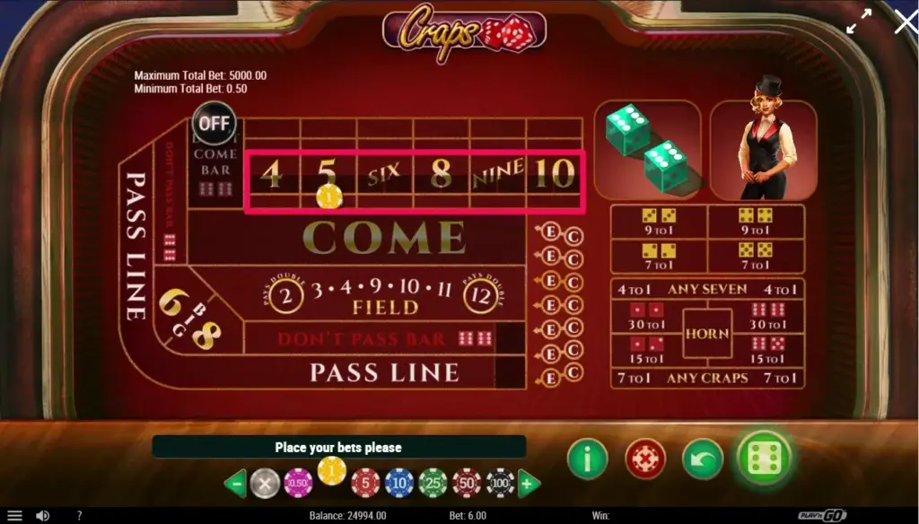 Ekstra innsatsmuligheter i Craps - Place Bet