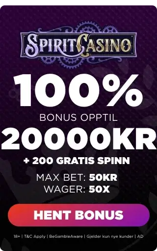 Spirit casino bonuspanel  som viser velkomsttilbudet.